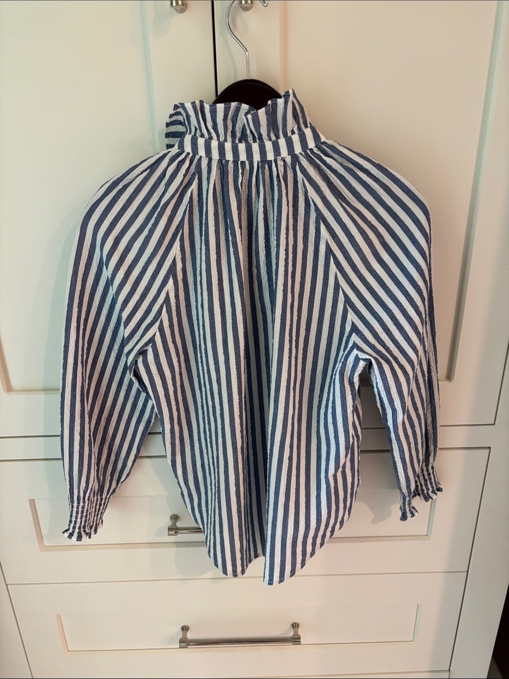 Veronica Beard Blue and White Striped Ruffle Neck Button-Front Blouse - Picture 4 of 6